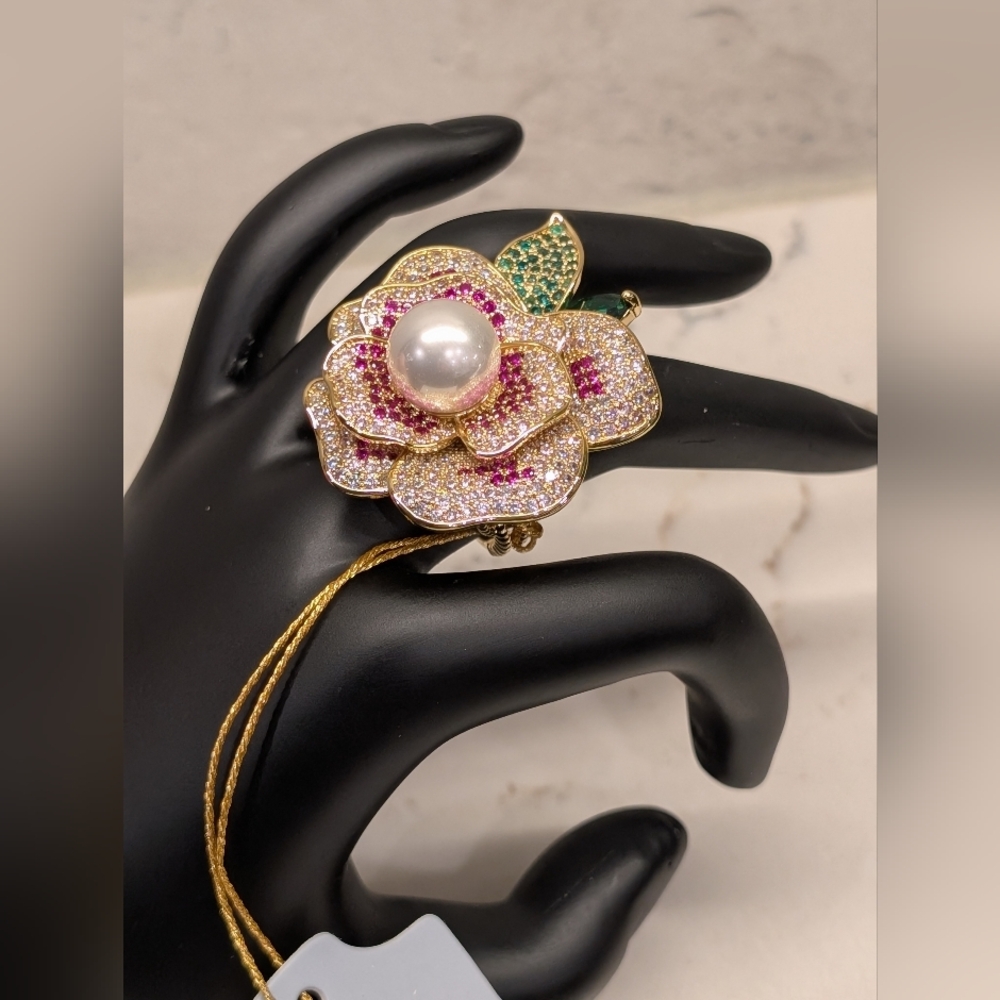 EYECANDY Gold Floral Pearl Ring with Pink and Green Crystals NWT